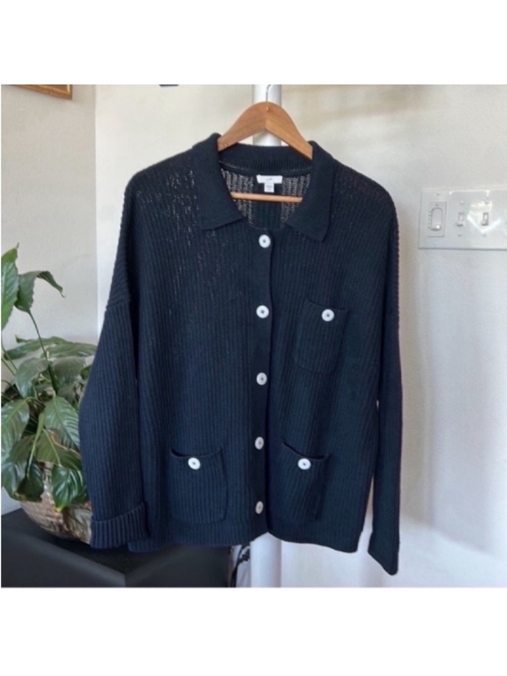 J. Jill Button Front Knit Sweater Cardigan Sz L Collared Navy White